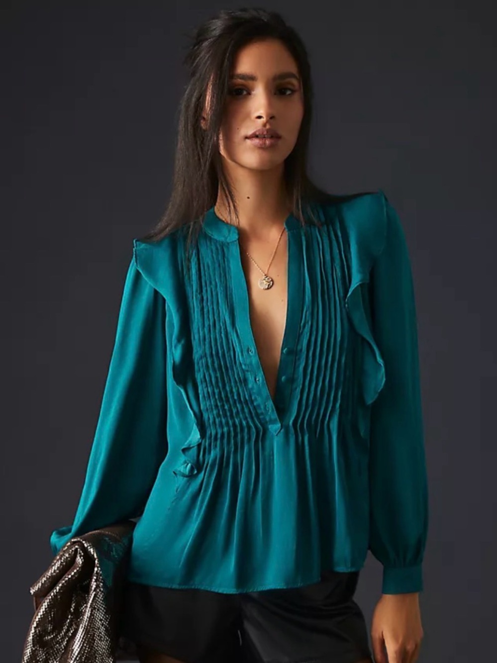 Anthropologie emerald green Pintuck Ruffle V-Neck Blouse